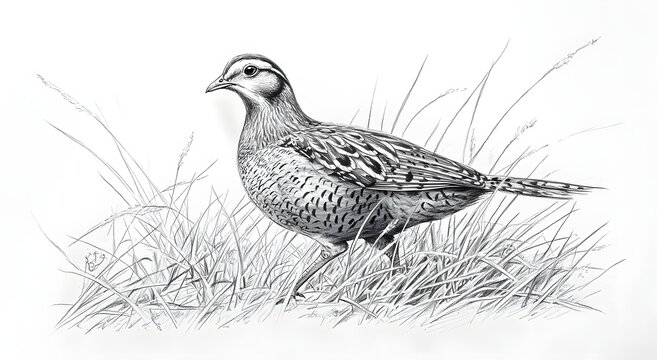Quail pencil sketch in tall grass with wildlife realism image