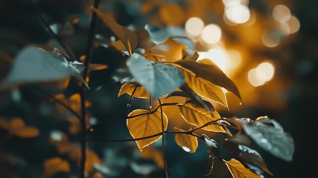 Autumn tree leaves are glistening with fresh raindrops, catching the warm, soft light of the sun during golden hour, adding tranquility to the natural forest environment