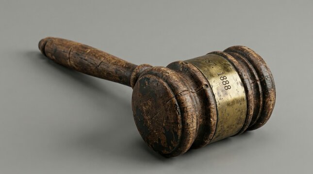 Wooden gavel with brass band and engraved number 888 resting on a gray surface, showcasing its worn texture and craftsmanship in a close-up view