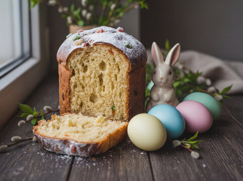 Artisanal Easter Kulich Cakes with pink Glaze and Pastel Eggs