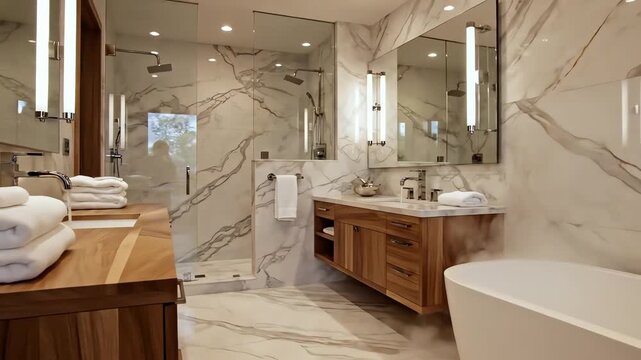 Modern minimalist living room with flat screen TV, comfortable sofa, and sleek coffee table. 4k resolution video 30fps.