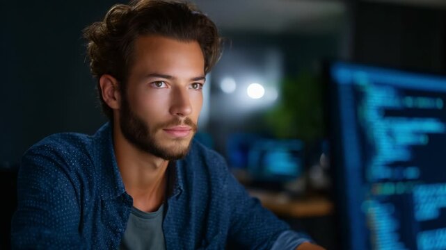 Focused Young Man Working on Computer in Dark Room: Capturing the Essence of Coding in a Dimly Lit Environment with Blue Tones and Soft Background Lighting