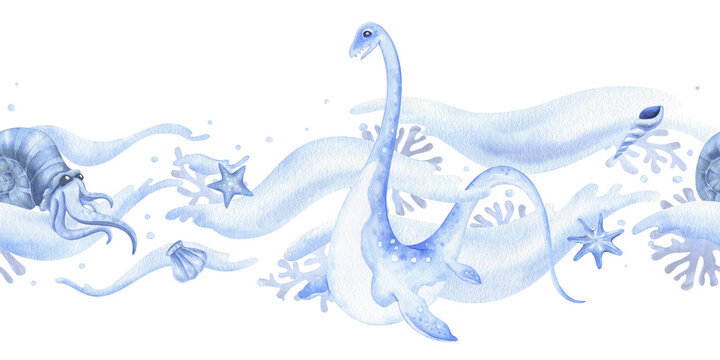 Blue plesiosaur and nautilus with shells and starfish underwater seamless border, watercolor hand-drawn illustration isolated on background. Dinosaur pattern banner for kid design, fabric print