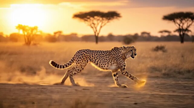 Cheetah sprints across African savanna at sunset with dust kicking up.