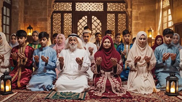 A large group of muslim people praying inside a mosque together peacefully