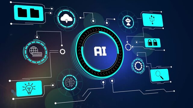 Advanced artificial intelligence and machine learning algorithm concept with futuristic digital interface and network icons