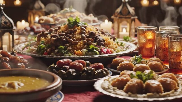 A sumptuous Iftar feast laid out on a table with festive lanterns