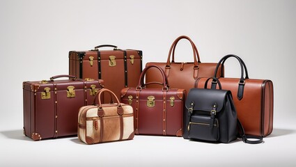 Set of premium leather business bags and accessories including brown and black briefcases, clutch bag, and wallets, isolated on white background