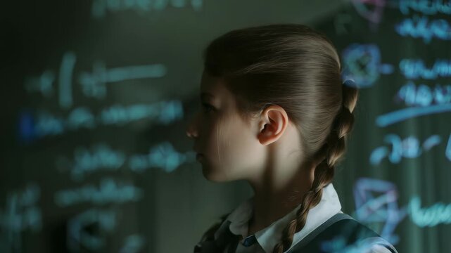 Thoughtful teenage girl with braided hair stands behind transparent board covered in mathematical formulas and diagrams. She gazes forward, symbolizing innovation and learning