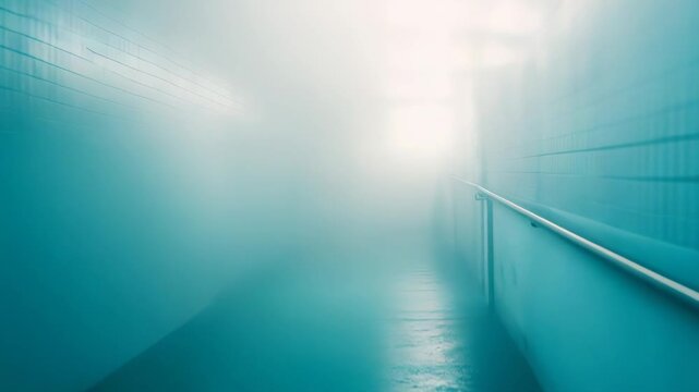 Fog filled corridor creates a mystic path through its length, with light at the end symbolizing hope, new beginnings, or an unknown future in an atmospheric setting