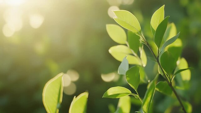 New green plant leaves are backlit by the warm morning sunlight creating a soft bokeh background, symbolizing growth, freshness, and the vitality of nature's awakening during spring