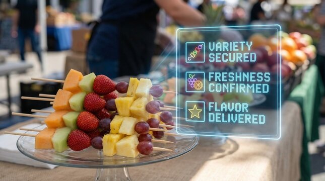 Fresh fruit skewers on a glass plate with digital quality labels at outdoor market