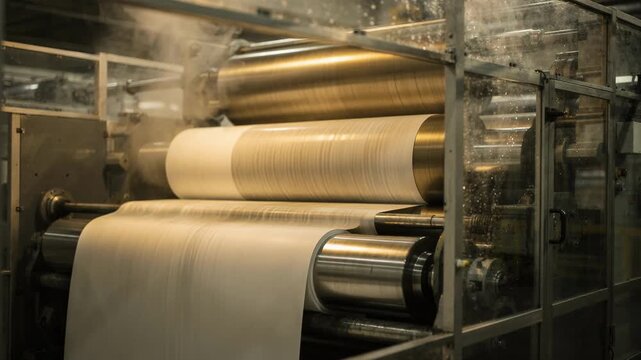Closeup medium shot showing a partial enclosure around a series of drying cylinders on a paper machine steam visible rising as hot drums rotate meticulously drying the continuous