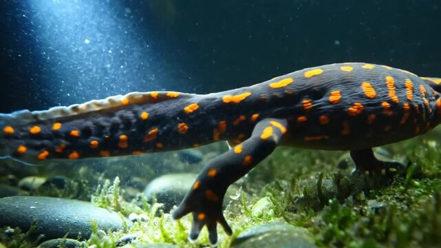 Striking underwater view of a vibrant orange spotted salamander exploring a lush aquatic environment