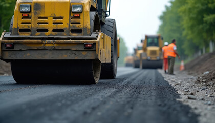 Naklejka premium Yellow steamroller flattens new asphalt on road construction. Heavy machinery compacts pavement for urban street repair. Workers supervise site development. Roadwork progresses.