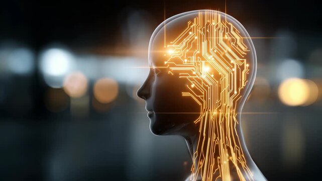 Futuristic digital human head with glowing circuit board patterns symbolizes artificial intelligence and advanced technology. Conceptual image representing innovation and machine learning