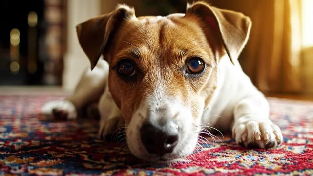 Adorable Jack Russell terrier dog gazing intently at the camera while lying relaxed on a colorful rug in a bright, cozy room