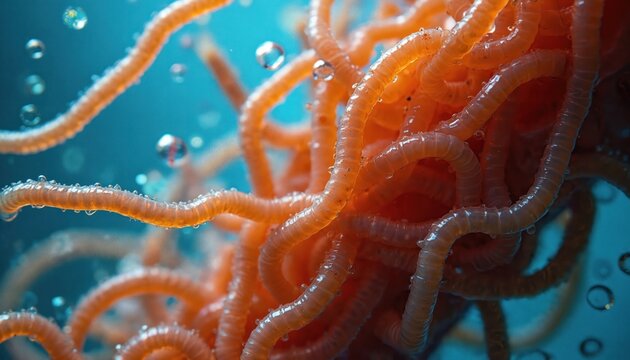 Microscopic view shows clump of segmented orange parasitic worms. Tiny bubbles float around the organisms. Scientific research into helminths biology and infection.