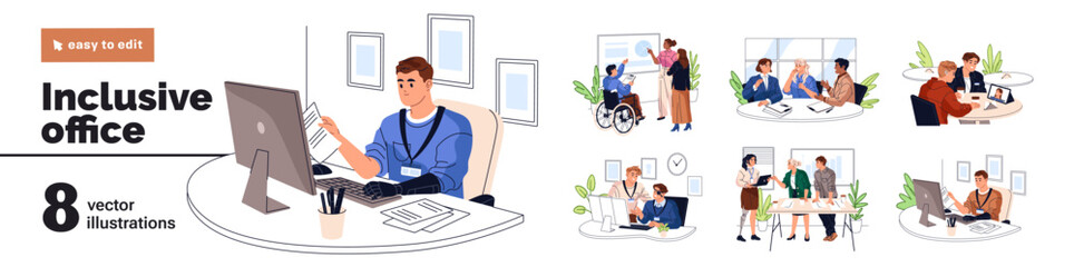 Fototapeta na wymiar Inclusive office set. Employees with disabilities are at workplace. Workers in wheelchair, with prosthesis. Diverse colleagues work together. Flat isolated vector illustrations on white background