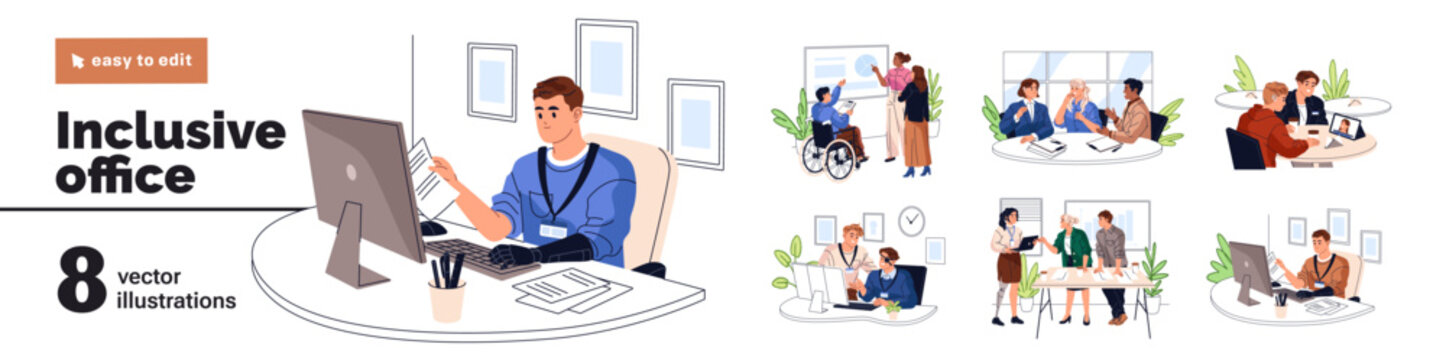 Inclusive office set. Employees with disabilities are at workplace. Workers in wheelchair, with prosthesis. Diverse colleagues work together. Flat isolated vector illustrations on white background