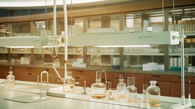 Scientific glassware and chemicals arranged on a clean laboratory bench, creating an atmosphere of ongoing research and discovery in a science facility