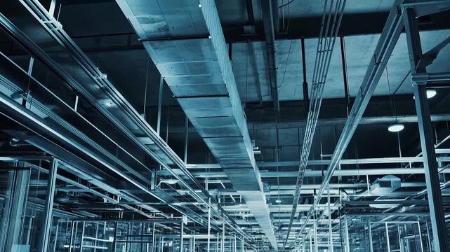 Empty interior of a modern industrial laboratory or data center, featuring a long hallway with glass partitions and metal ceiling pipes creating a high tech environment