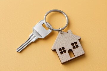 Wooden House Keychain with Key on Yellow Background