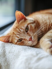 Cute Fluffy Ginger Cat Lying on Couch in Warm Cozy Living Room with Soft Daylight