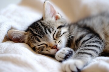 Sleeping Tabby Kitten Resting on Soft Blanket in Cozy Home Interior