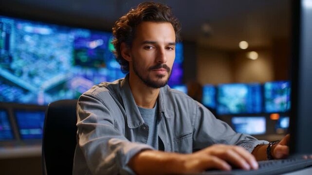 Focused Male Operator Engaged in Precision Work at High-Tech Control Center with Advanced Displays and Technology in Background
