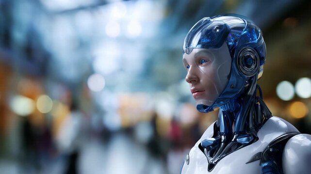 Futuristic humanoid robot with a sleek design and intricate facial features, set against a blurred background showcasing a busy urban environment filled with activity.