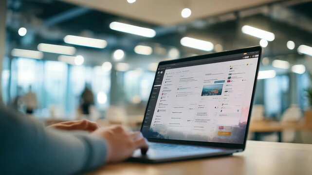 A person works on a laptop in a modern open office, focusing on a project management dashboard displayed on the screen. Bright lighting and blurred background create a productive atmosphere
