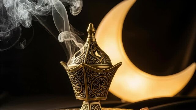 Incense burner releasing smoke, glowing moon lantern. Ramadan Kareem celebration, islamic religious holiday, spiritual atmosphere.	
