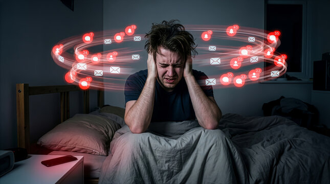 Man sits in bed with hands on head while looking stressed by notifications around him. Dark room with minimal light creates an atmosphere of anxiety