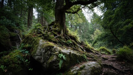 Fototapeta premium Mossy tree roots in a green forest