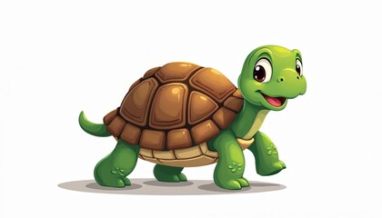 Obraz premium Green cartoon turtle with brown shell walks happily on white background. Friendly reptile creature smiles and looks forward, suitable for kids content and educational purposes.