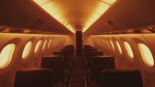 Airplane cabin interior displaying empty passenger seats and glowing windows during a flight, creating a warm, inviting atmosphere for travel and aviation concepts