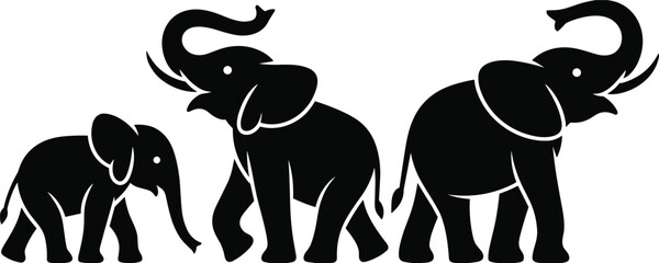 Elephant family silhouettes set with baby and adult elephants walking, black animal icons isolated on white background for wildlife, nature, conservation, and safari design concepts © MdFojlur