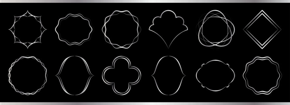 Silver border element with frame metal gradient for thin steel boarder. Chrome picture circle with set vector square for background isolated rectangle. Design elegant silver with line frame shiny
