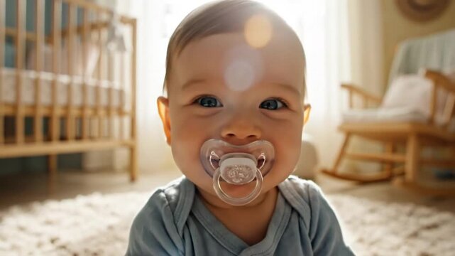 Happy baby smiling and holding a pacifier in a cozy nursery with crib and rocking chair
