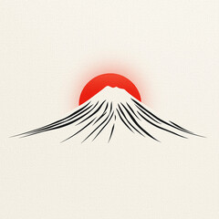 Japanese wallpaper featuring sun with subtle gradient effects rising over silhouette of Mount Fuji with gentle slopes and pronounced peak sign