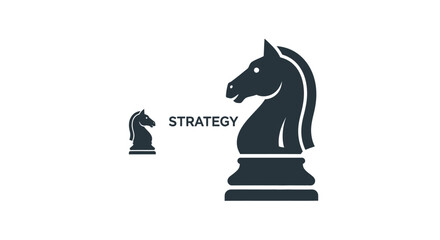Black chess knight silhouette alongside the word strategy in a minimalist design © Imdadul_Studio