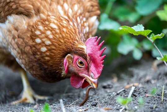 Close-up of domestic hens foraging in a green garden | Ayam Makan Cacing di Tanah | Foto Ayam Kampung