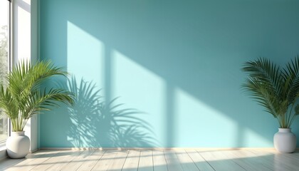 Fototapeta premium Minimalist room with light blue wall and wooden floor. Palm plants cast shadows from window light. Empty space for product display or backdrop.