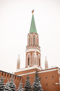 Moscow, Russia, January, 2026 - The Nikolskaya Tower of the Moscow Kremlin in winter. 