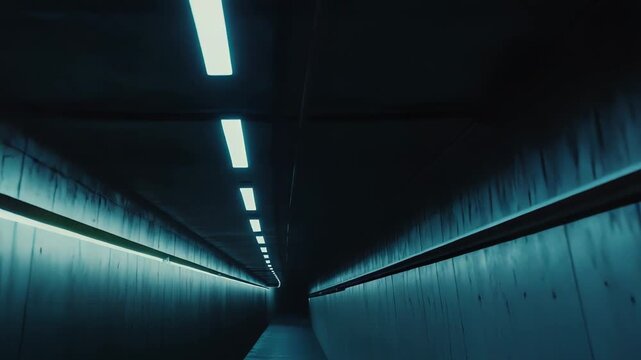 Modern architecture creating a sci fi atmosphere in a long, dark concrete tunnel illuminated by bright linear teal light fixtures on the ceiling and walls, leading into the distance