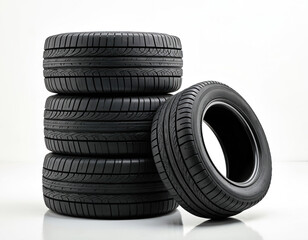 Obraz premium Set of five new car tires stacked in a pile. One tire is leaning against the stack. All tires are black rubber with tread patterns, isolated on a clean white background for product use.