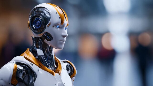 Futuristic humanoid robot showcasing advanced technology with a sleek design, intricate details, and an expressive face, set in a modern urban environment.