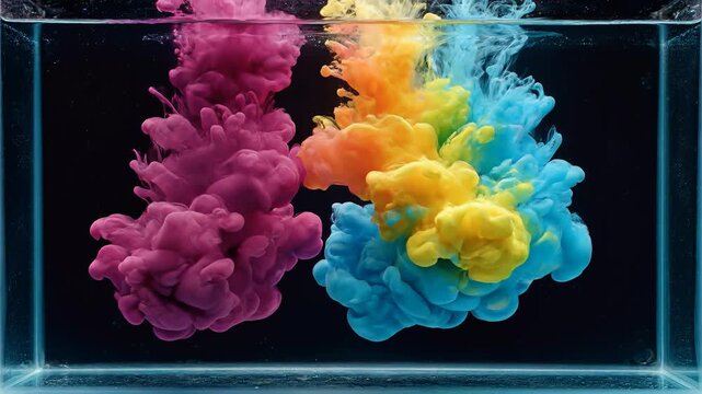 Mesmerizing colorful ink clouds blooming in water with dynamic swirling formations, symbolizing creativity, transformation