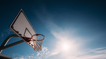 Low Angle Basketball Hoop Against Clear Blue Sky with Copy Space